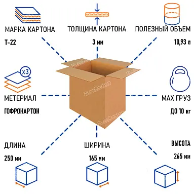 Картонная коробка 250х165х265 мм, Т-22 бурый