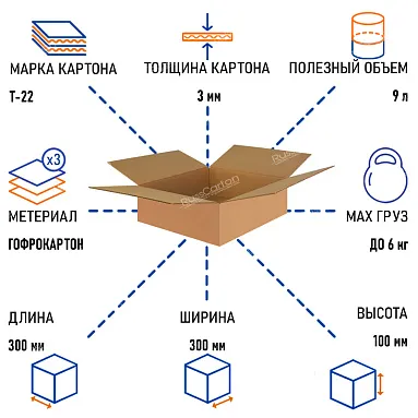 Картонная коробка 300х300х100 мм, Т-22 бурый