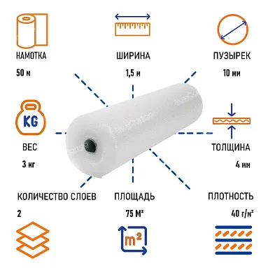 Пленка воздушно пузырчатая "Стандарт" двухслойная, 1.5 х 50 м