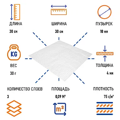 Лист воздушно пузырчатой пленки, 30х30 см