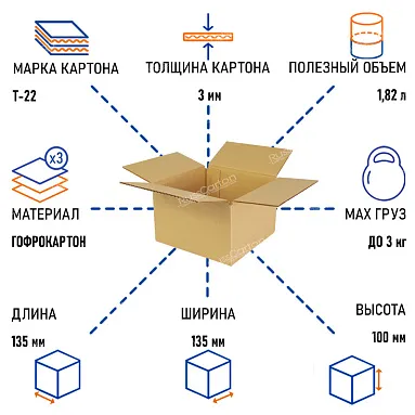 Картонная коробка 135х135х100 мм, Т-22 бурый