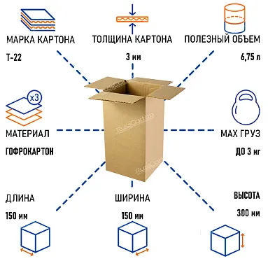 Картонная коробка 150х150х300 мм, Т-22 бурый