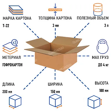 Картонная коробка 200х150х100 мм, Т-22 бурый