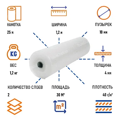 Пленка воздушно пузырчатая "Стандарт" двухслойная, 1.2 х 25 м