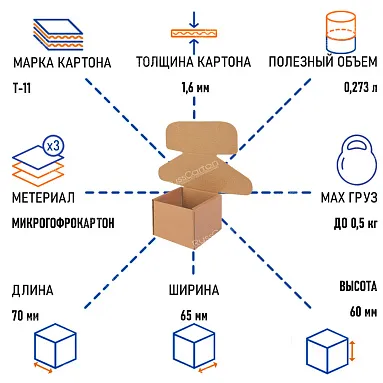 Картонный короб 70х65х60 мм, Т-11 бурый