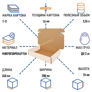 Картонный короб РС-240, 240х200х70 мм, Т-11 белый/бурый