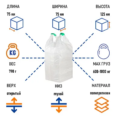 Биг-бэг мешок 75х75х125 см, верх открытый/низ глухой