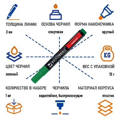 Маркер перманентный BRAUBERG "Contract", ЗЕЛЕНЫЙ, 3 мм. У