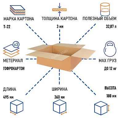 Картонная коробка 495х360х180 мм, Т-22 бурый