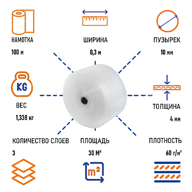 Пленка воздушно пузырчатая "Стандарт плюс" трехслойная, 0.3 х 100 м